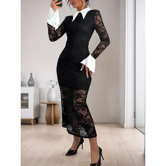 Lace Long Sleeve Collared Midi Dress - Picture 8 of 9